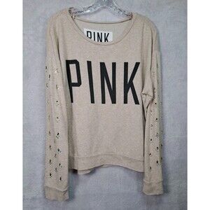VS Pink Y2K Bling Jeweled Sleeves Oversized Spellout Logo Top Shirt Medium Boxy